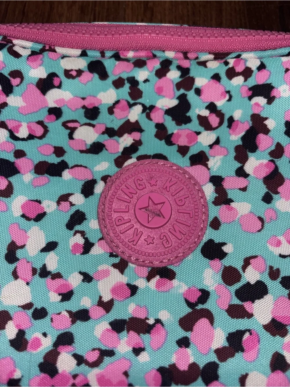 Kipling Pink & Aqua Patterned Makeup Bag or Pencil Case with Charm Keychain